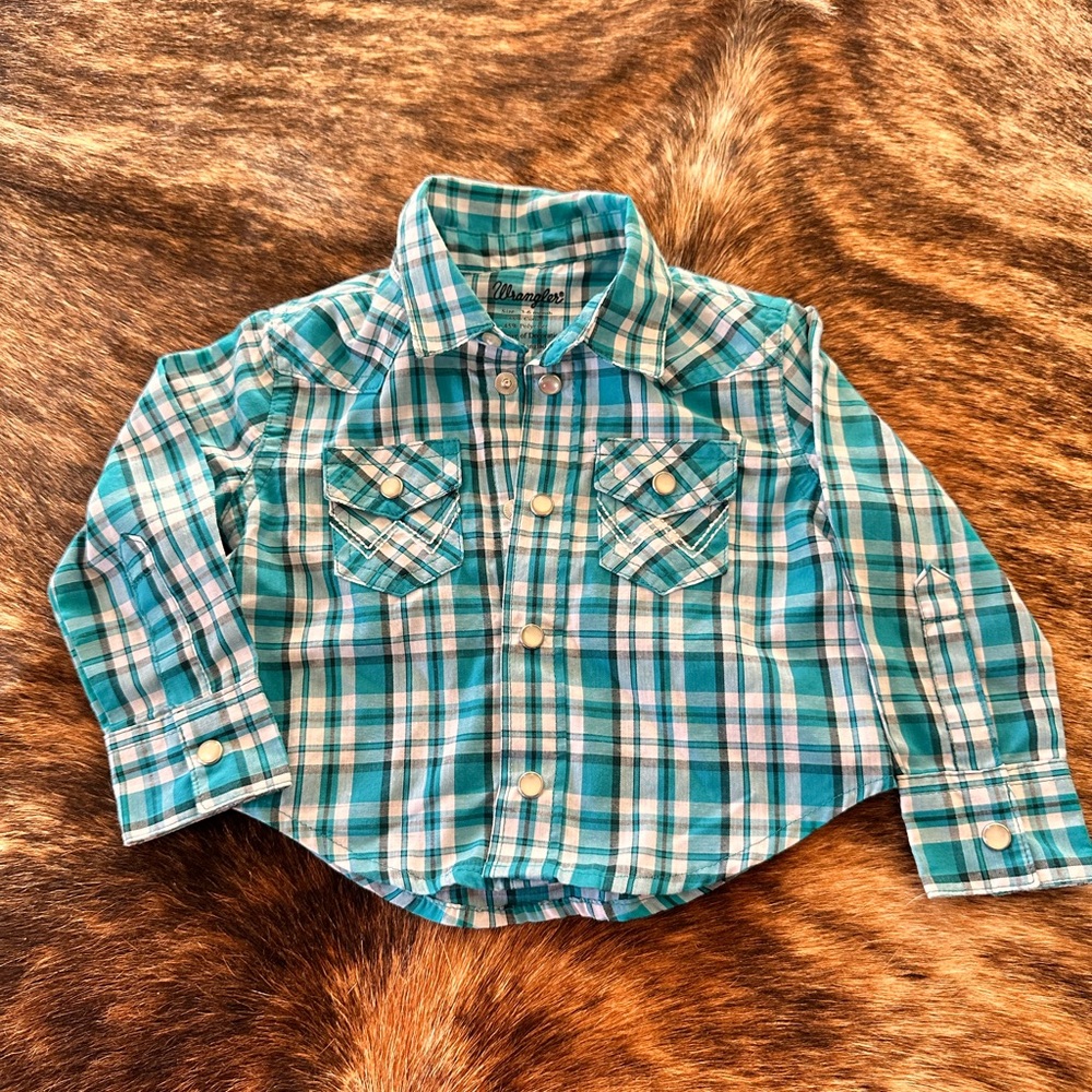 Wrangler Kids Plaid Shirt in Teal and White